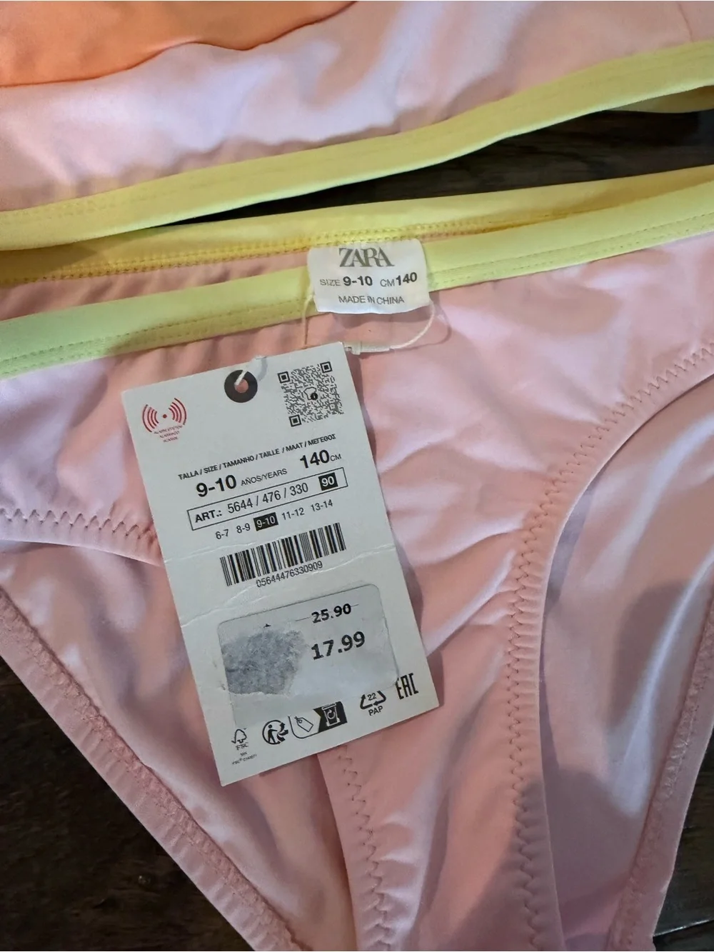 ZARA Girls' Pink & Peach Two-Piece Swimsuit with Yellow Trim NWT